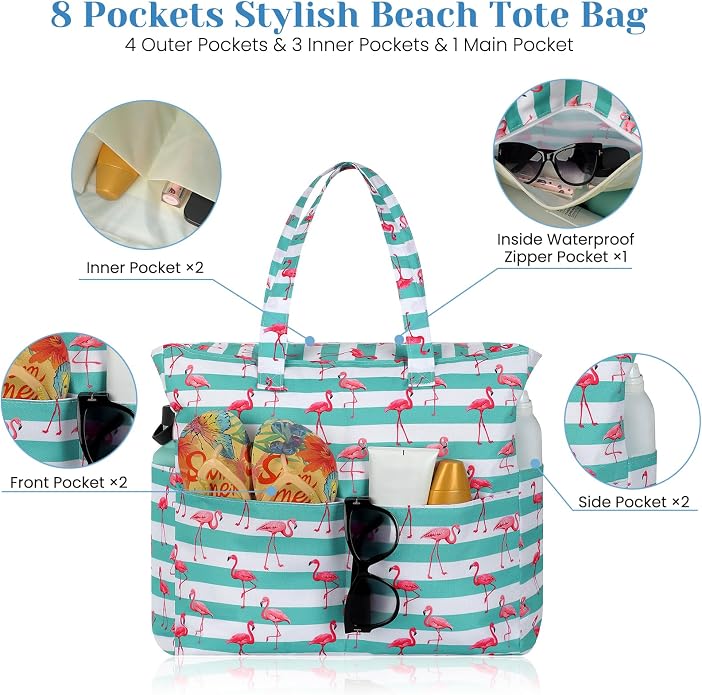 Trifabricy Beach Bags for Women, Waterproof Large Tote Bag With Zipper | Waterproof Sandproof, Zipper Closure, Wet Pocket, For Beach Gym Travel Shopping Vacation, Durable Lightweight, Easy Clean - Image 4