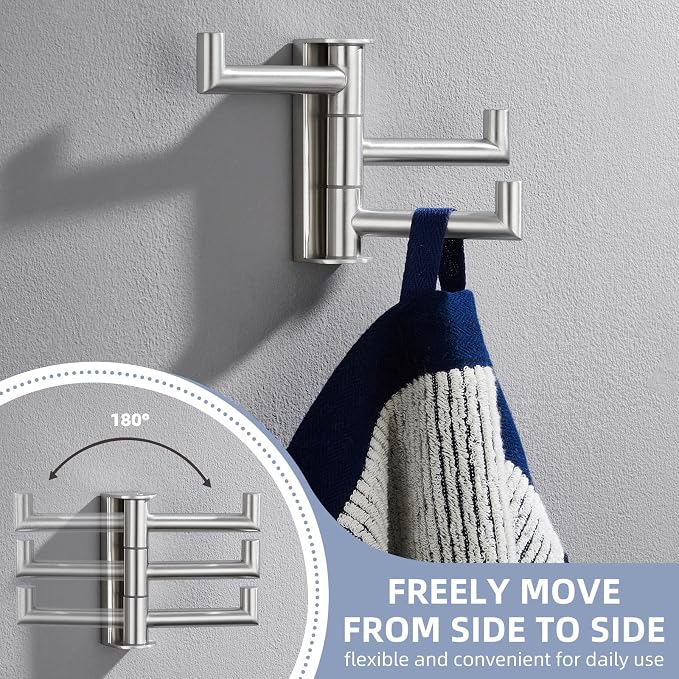 Angle Simple Swivel Towel Hook 3 Arms, Robe Coat Wall Hook, Brushed Nickel | Solid SUS304 Stainless Steel, Hand Towel Holder for Bathroom Shower Kitchen, Fold Flush to the Wall, Screws Mounted - Image 7