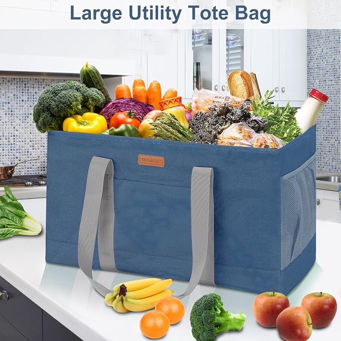 WONDAY DarkBlue Foldable Utility Tote Bag, Reusable Grocery Bag | 22x11x13in, holds 50lbs, 600D Oxford fabric with PP board bottom, folds flat, side panels only, not self-standing - Image 3