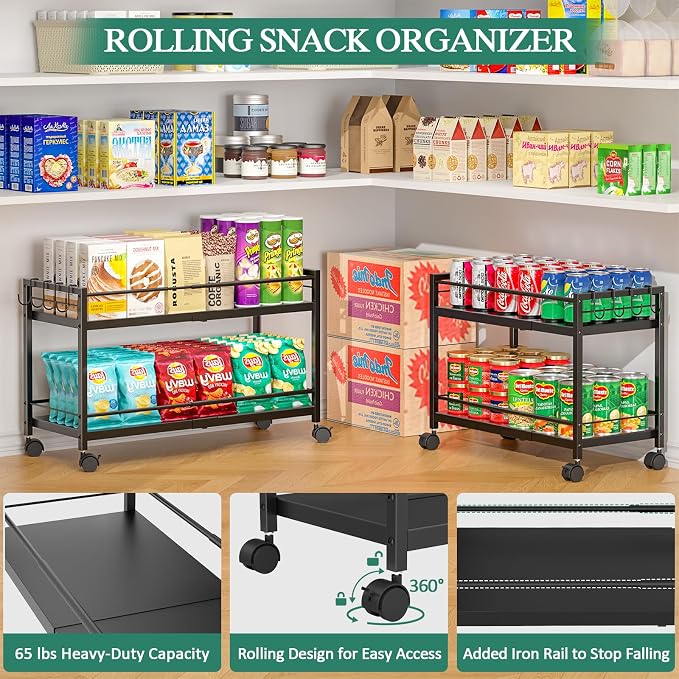 2 Pack 2-Tier Expandable Rolling Pantry Cart with Wheels, Adjustable Floor Organizer for Kitchen Pantry, Can Organizer for Pantry, Storage Cart for Snack, Food, Vegetables, Black, Patent Pending - Image 7