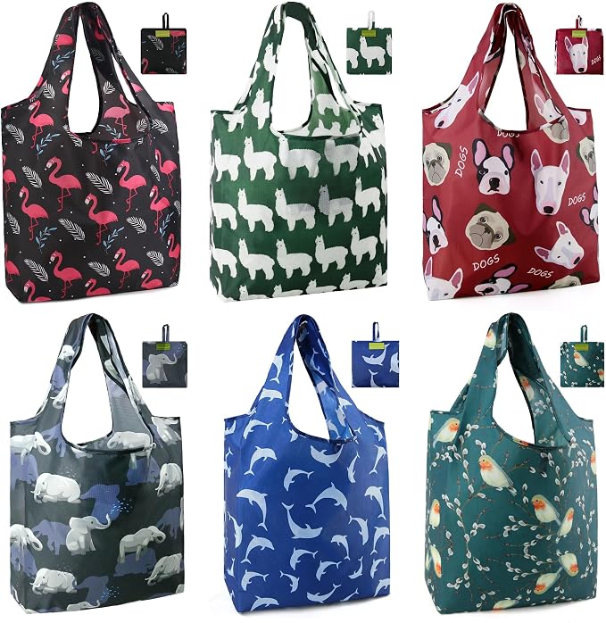 BeeGreen Animal Reusable Shopping Bags Cute Grocery Bag 6 Pack, Christmas Gift Bags Heavy-Duty Foldable Shopping Totes for Supermarket, Work & Travel, Large Washable Polyester Tote Bag with Handles by BeeGreen