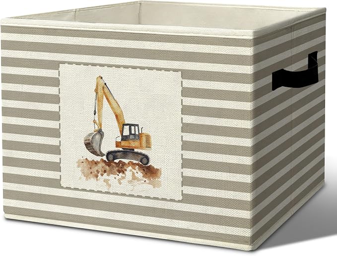 Rustic Construction Vehicle Storage Bins Boxes Handles | grey striped nursery foldable basket for organizing bedroom toddler playroom by Unknown
