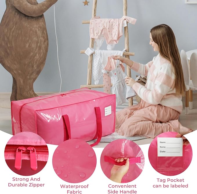 VTSVTS 8 Pack Extra Heavy Duty Large Moving Bags with Comfortable Handle & Strong Zipper,Storage Totes for Space Saving Moving Storage College Supplies Alternative to Moving Box,Pink - Image 2