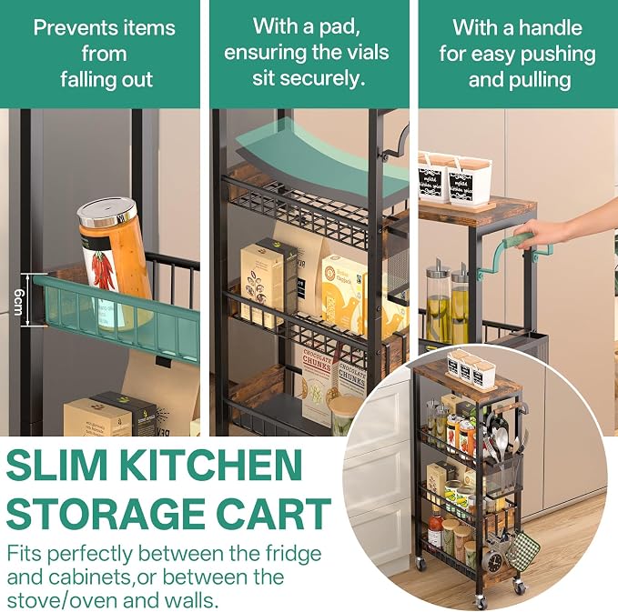 DTUQYX Slim Bathroom Storage Cart, 4 Tier Small Rolling Organizer Cabinet with Wood Top Handle, Mobile Shelving Unit Slide Out for Office, Kitchen, Laundry Room & Narrow Places (9.1" W Wood Basket) - Image 4