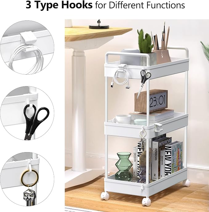 SOLEJAZZ 3 Tier Slim Rolling Storage Cart Organizer with Wheels, White | Utility cart for bathroom, laundry, bedside, dorm&narrow spaces. Fits craft, nail, makeup, snack, art, diaper&baby essentials - Image 3