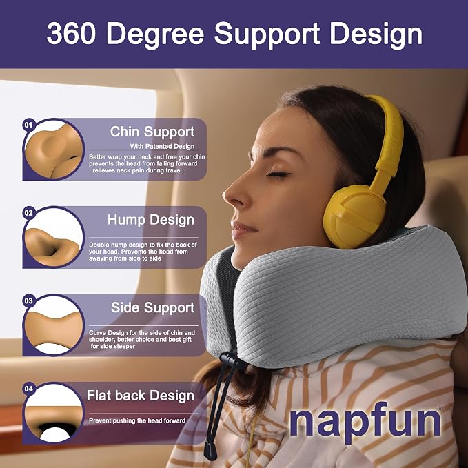 napfun Neck Pillow for Travel, Memory Foam Airplane Pillow, Mist Gray | 360° Neck Support, Upgraded 100% Memory Foam for Airplane, Car, Train, Bus, Office Sleep, Travel Essentials for Long Flights - Image 3
