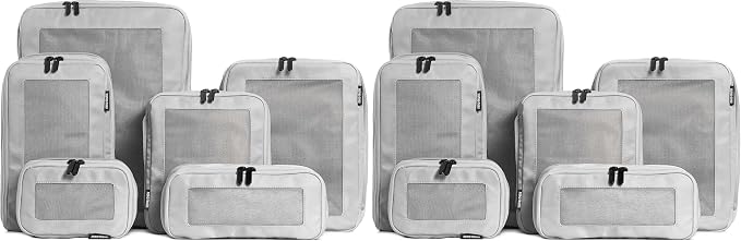Compression Packing Cubes for Travel - Luggage Organizer Bags - Double Zipper Packing Cubes for Suitcases (12-Pack, Light Grey) by Aerotrunk