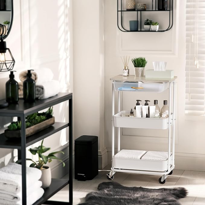 Simple Houseware 3-Tier Rolling Utility Cart with Drawer & Wood Top, Maple | Mobile Sofa Side Table, Nightstand, Slim Storage Organizer Trolley for Bedroom, Bathroom, Office & Art Supplies - Image 5