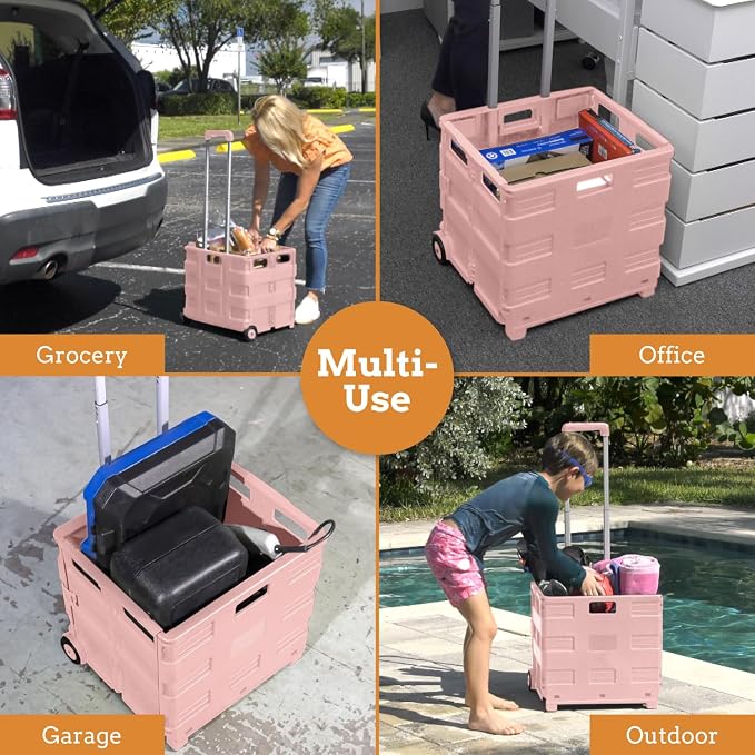 Inspired Living Ultra-Slim Rolling Collapsible Storage Pack-N-Roll Utility-carts, with Telescopic Handle, for Home, Garden, Shopping, Office, School use, Large, Raspberry Pink - Image 5