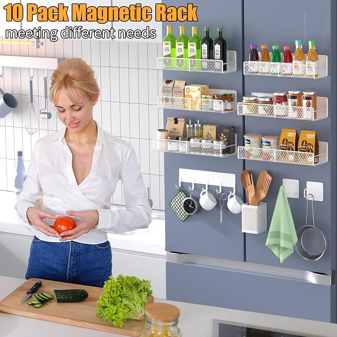 Magnetic Spice Rack for Refrigerator, 10 Pack Metal Magnetic Shelf, Moveable Spice Organizer with Hook Rack, Paper Towel Holder, Kitchenware Holder, Strong Magnetic Storage Fridge Organizer White - Image 6