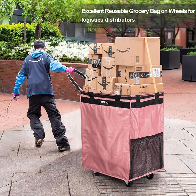 (Medium,Pink) Reusable Grocery Bag on Wheels, 70L Foldable Rolling Tote,Extra Storage for Shopping, Zipper Clouser Shopping Carts for Groceries,Trips, Laundry, Moving,4 Heavy Duty Wheels | 70L Extra Storage for Shopping, Zipper Clouser Shopping Carts f... - Image 7