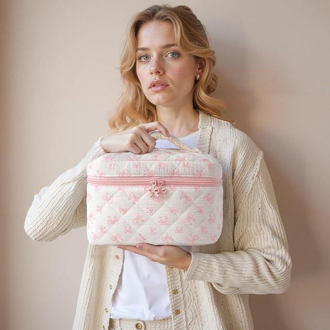 HBselect Quilted Makeup Bag, 3Pcs Cotton Large Travel Makeup Bags Organizer | Cute Floral Make up Bag Cosmetic Bag Toiletry Bag for Women Girls, Makeup Pouch for Skincare, Brushes & Travel Essentials - Image 6