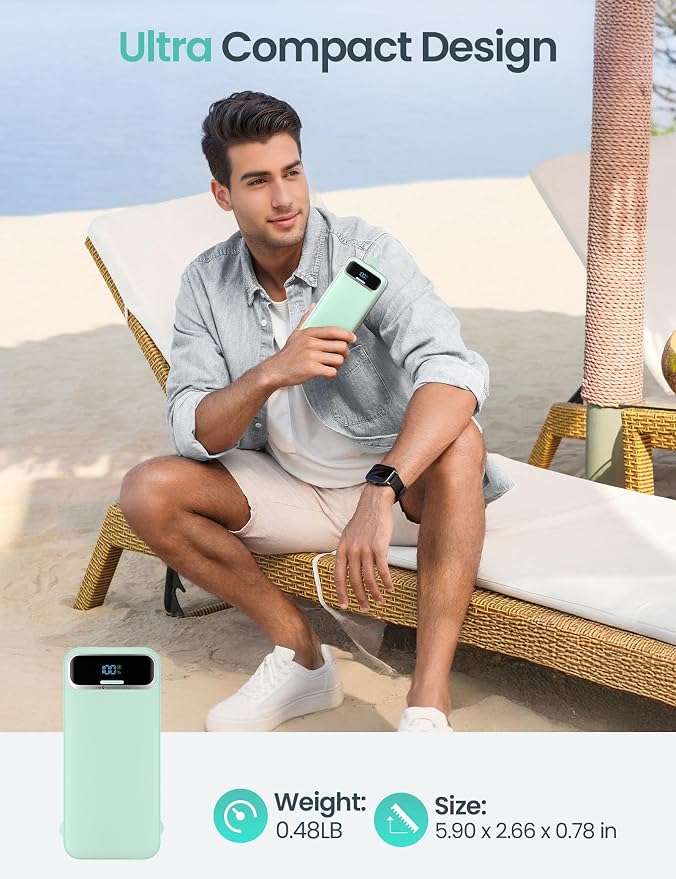 aonidi Portable Charger 12000mAh with Built-in Cables&AC Wall Plug, Green | PD20W USB C Fast Charging,LED Display External Travel Power Bank,TSA approved Battery Pack for All iPhone,Samsung,Android - Image 8