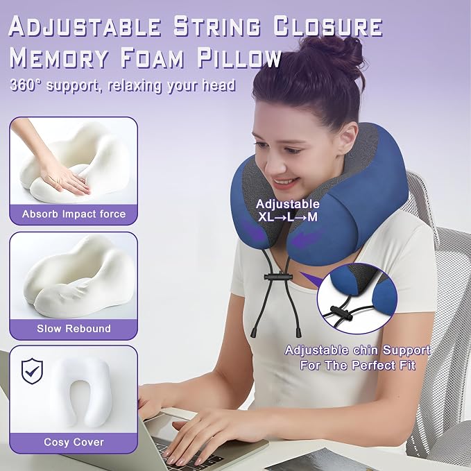 Travel Neck Pillow,Neck Pillow for Sleeping Travel,Airplane, Car, Office | Upgraded Memory Foam Neck Pillow for Travel,Machine Washable, Adjustable Flight Pillow, Suitable for Sleeping (Blue) - Image 4