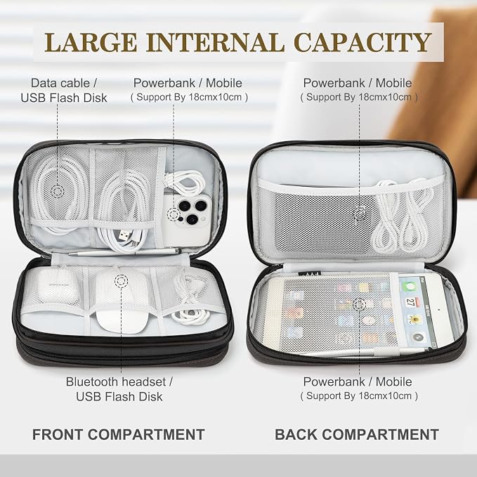 FYY Electronic Organizer, Travel Tech Pouch Bag, Large, Coffee | Wrist Strap, Waterproof, Double Layers Portable Electronics Travel Carrying Case for Cord, Charger, Daily Business Trips Use - Image 3
