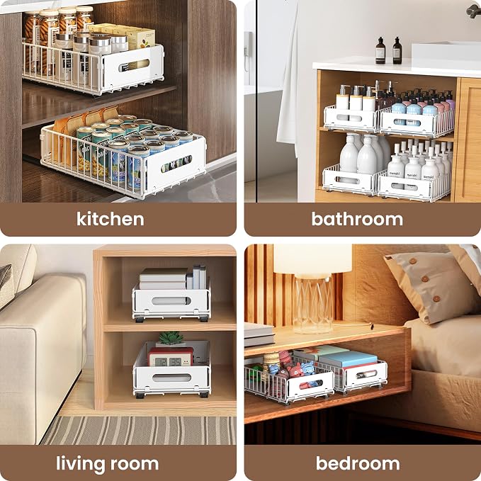 2 Pack Pull Out Cabinet Organizer, Heavy Duty Slide Out Drawer with No Drill Adhesive or Screw Mount, Carbon Steel Roll Out Shelf for Kitchen Cabinet, Pantry & Bathroom Storage - Image 7