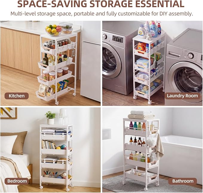 5 Tier Slim Rolling Storage Cart with Pull-Out Drawers, White | Narrow Utility Organizer Cart, Wooden Top, Wheels, For Small Spaces, Kitchen, Bathroom, Laundry Room - Image 9