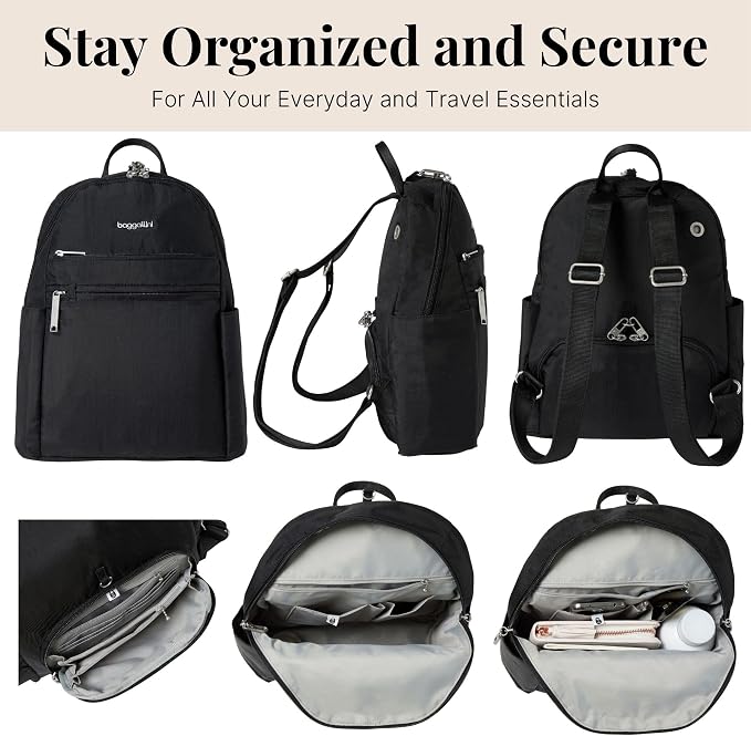 Baggallini Securtex® Anti-theft Vacation Travel Backpack 10x13 Slash-Resistant Nylon Daypack w/RFID, Black - Image 6
