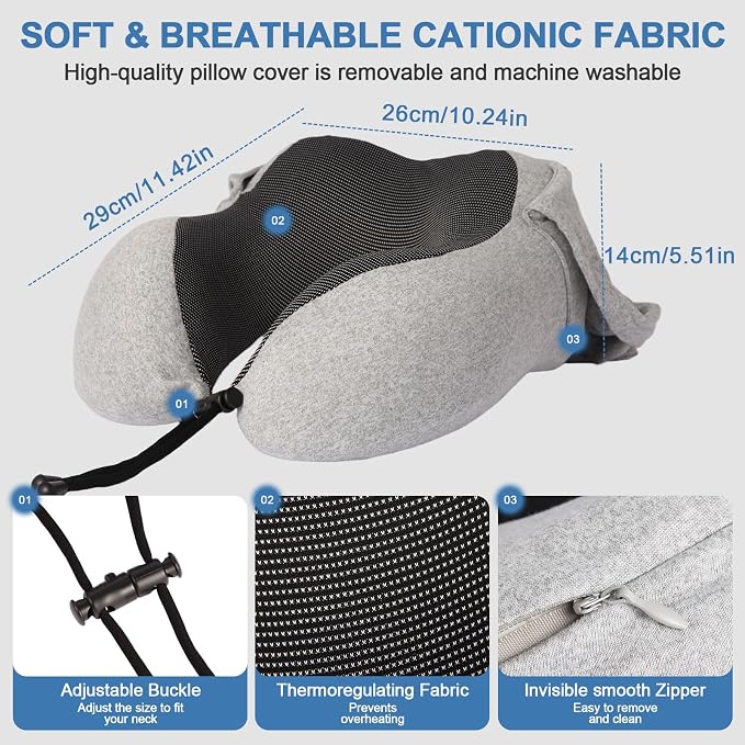 Travel Neck Pillow with 100% Light-Blocking Hood – Ergonomic Memory Foam Support Pillow for Airplane, Long Flights, Road Trips, Office and Car, Full Head and Neck Support with Skin-Friendly Cover - Image 6