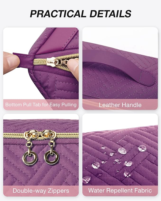 BAGSMART Makeup Bag Cosmetic Bag, Travel Makeup Bag,Water-resistent Makeup Bags for Women Portable Pouch Open Flat Make Up Organizer Bag for Toiletries, Brushes, Purple - Image 4