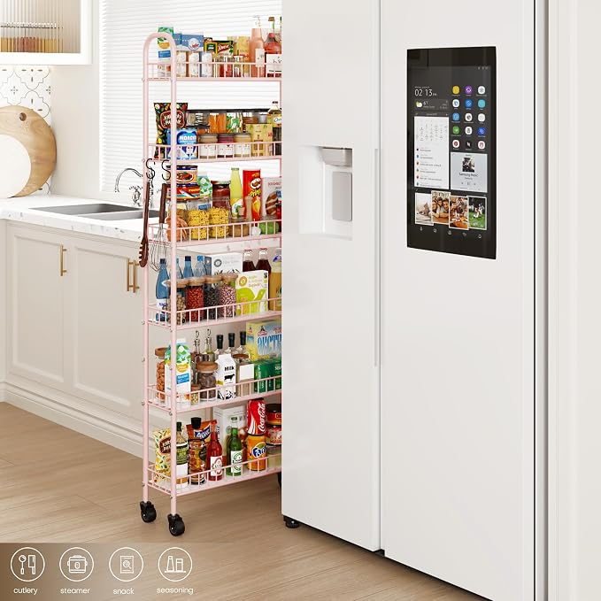 6-Tier Slim Storage Cart, Rolling Kitchen Cart with Wheels | Narrow Metal Shelf Organizer with Hooks for Kitchen, Bathroom, Living Room, Laundry, Small Spaces, Pink, 6 in - Image 4