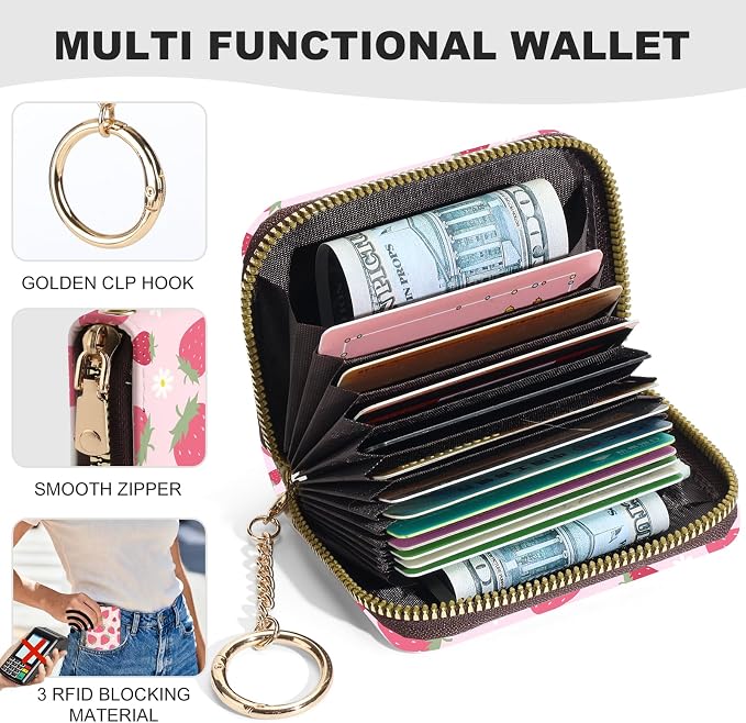 Credit Card Holder for Women,Small Rfid Wallet with Keychain Zipper,Cute PU Leather Card Case Wallet，Accordion Credit Card Wallets Gift,Strawberry - Image 2