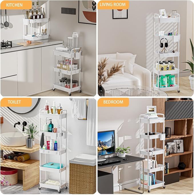 5 Tier Rolling Utility Cart with Drawer,REBECAT Utility Cart Made of Multifunctional Storage Organizer Tool for Kitchen,Bathroom,Living Room,Office(White) - Image 6