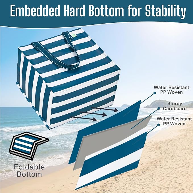 VENO 4 Pack Large Grocery Bag Reusable Shopping Bags with Hard Bottom | Utility Tote w/ Reinforced Handles, Heavy Duty, Foldable, Stand Upright, for Groceries Shopping Cart(Classic Navy Stripe) - Image 3