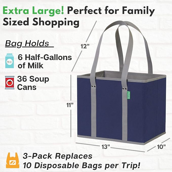 Reusable Grocery Bags (3 Pack) – Heavy Duty Reusable Shopping Bags with Box Shape to Stand Up, Stay Open, Fold Flat – Large Tote Bags are Foldable with Long Handles & Hard Bottom (Navy Blue) - Image 4