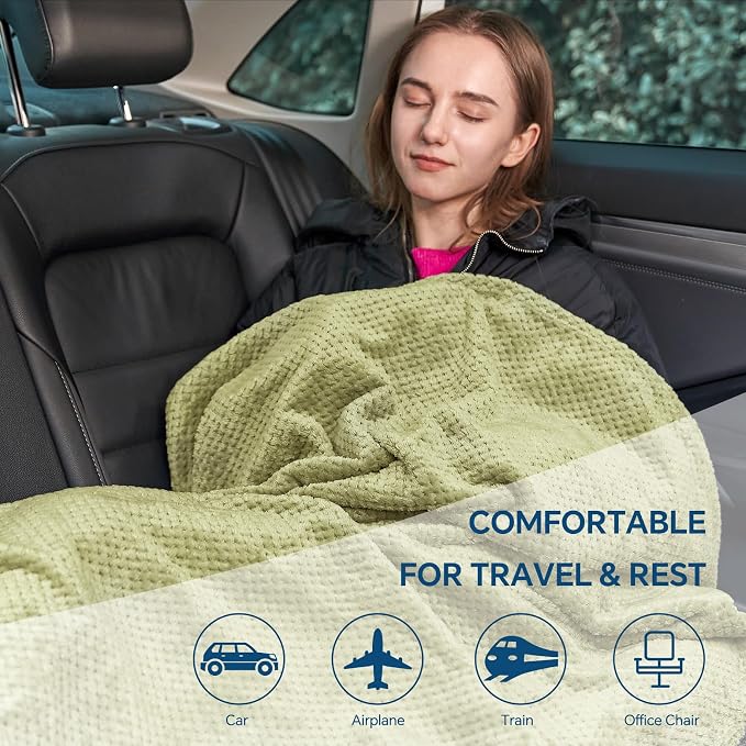 BEDELITE Travel Blanket with Bag, Jacquard Fleece Blanket 65"x40", Sage | Ultra-soft Airplane Blanket, Luggage Sleeve & Backpack Clip, Travel Essentials for Women, Foldable as Pillow for Long Flight - Image 7