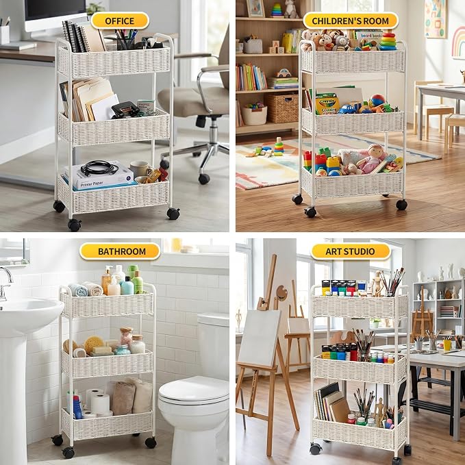 Utility Slim Storage Cart,3-Tier Rolling Kitchen Office Laundry Room Cart,Mobile Shelving Unit Organizer for Living Room Bathroom Baby Diaper Narrow Places (White, UC-White-7.1inch) - Image 8