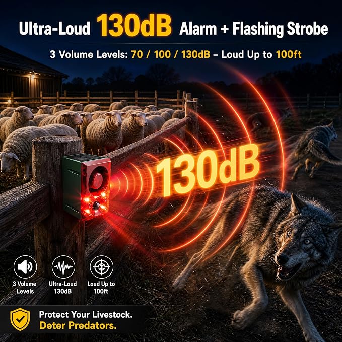 ChunHee Solar Outdoor Motion Sensor Alarm Dog Barking Gunshot Sound 130dB | Support Recording and Adjustable Volume,Loud Noise Maker 3 Work Modes Strobe Light for Home, Villa, Farm, Barn (3pack) - Image 2