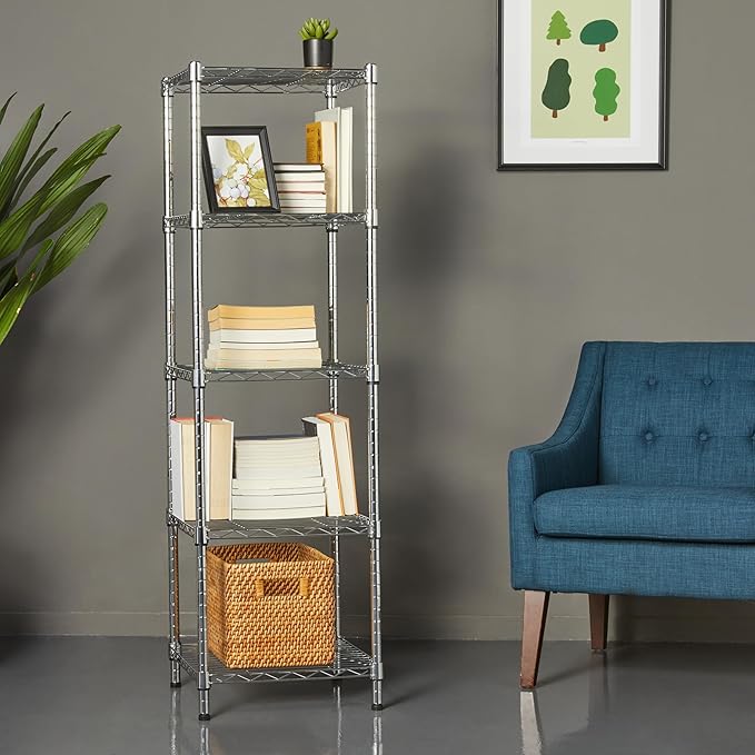Amazon Basics 5-Shelf Tower Adjustable Storage Shelving Unit, Chrome, 16" x 16" x 54", 150 lbs Per Shelf | Tower - Image 2