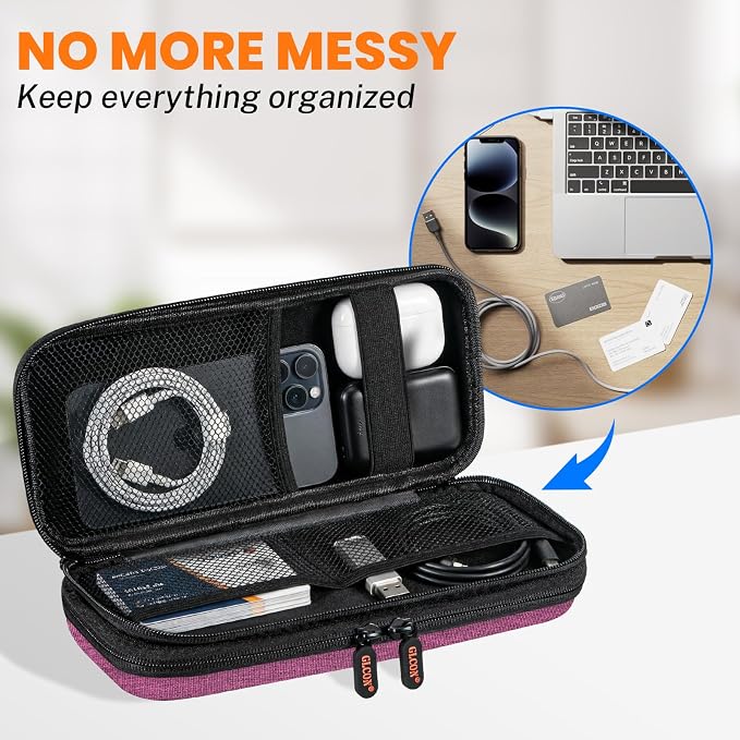 Purple Double-Layer Hard Shell Carrying Case,Travel Cable Pouch | Portable Electronic Organizer Travel Zipper Pouch,Tech Accessories Storage Bag for Charger, Adapter,Power Bank, Phone, Cable - Image 4