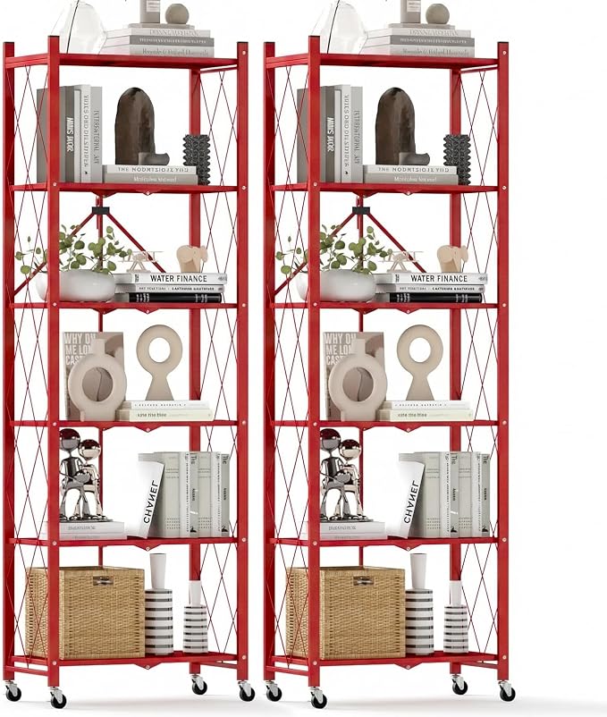 DEANIC 6-Shelf Folding Bookcase with Wheels, Heavy Duty Storage Shelves, Freestanding Metal Wire Shelving Unit for Living Room, Office, Kitchen, Basement, Pantry (Red 2 Pack) by ShowNow