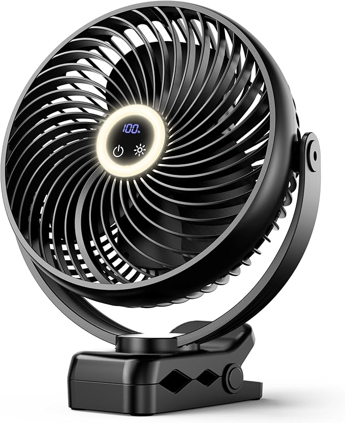 Koonie 8'' 10000mAh Portable Clip on Fan with LED Lantern and Hook | Battery Operated Desk Fan, Quiet Camping Fan with LED Digital Display, 360° Rotation & 3 Speeds for Travel Tent Gym Treadmill by Koonie