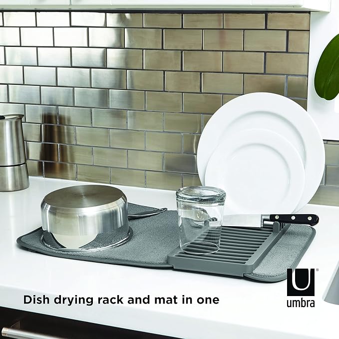 Umbra Udry Dish Drying Rack, Folding Dish Drainer Mat, Mini, Dark Grey | Absorbent microfiber base, removable tray, dishwasher safe, compact storage, BPA-free plastic - Image 6