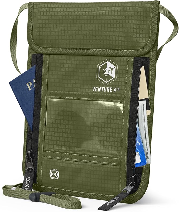 VENTURE 4TH Travel Neck Wallet, RFID Blocking Passport Holder - Green by VENTURE4TH