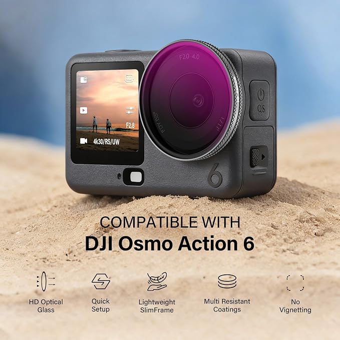 Walking Way ND Filter Set Compatible with DJI Osmo Action 6, 4 Pack ND8 ND16 ND32 ND64 Snap-On Polarizing Neutral Density Filters DJI Action 6 Accessories, HD Optical Glass/Multi-Coated/Aluminum Frame - Image 2