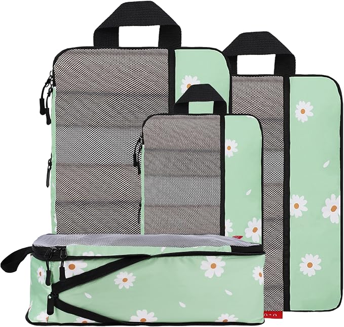 U+U 4 Set Compression Packing Cubes, Travel Organizers (Daisy) | Space-Saving & Lightweight Travel by UU