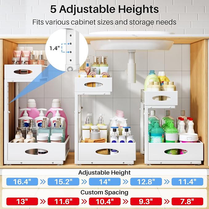 Under Sink Organizer, 2 Tier Pull Out Under Cabinet Organizer Shelf with Pad for Framed Cabinets, Metal Slide Out Under Sink Storage, Mesh Sliding Drawers for Kitchen Bathroom Laundry(White, 1 Pack) - Image 6