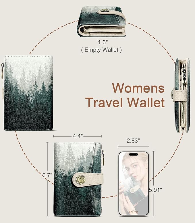 Forest Tree Wallet Women RFID, Passport Holder, Credit Card Holder | 6.7" x 4.4" x 1.3" Bifold, Travel billfold, Zipper Pocket, PU Leather, Clutch, Purse, ID Window, Pen Holder, Gift Ladies Girl - Image 5
