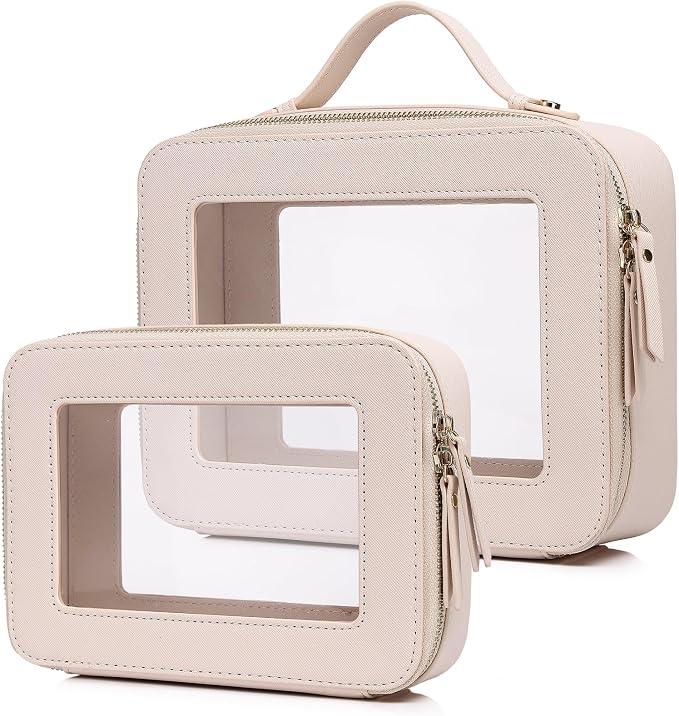 Pinkmik Clear Makeup Bag, (Beige, M+L) | 2PC,Waterproof, Travel Cosmetics and Toiletries Case, Portable Makeup Organizer, Clear Car Bag with Zipper by Pinkmik