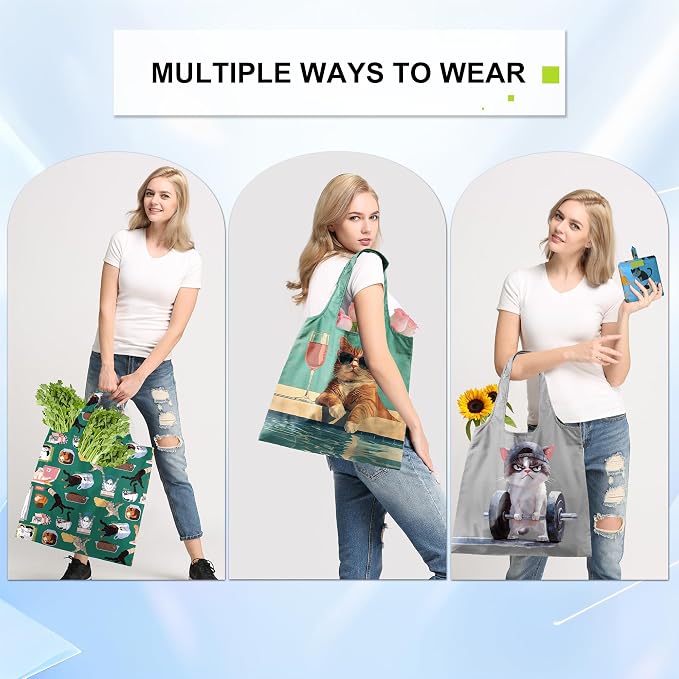 BeeGreen Cat Reusable Shopping Bags Cute Grocery Bag 6 Pack, Christmas Gift Bags Heavy-Duty Foldable Shopping Totes for Supermarket, Work & Travel, Large Washable Polyester Tote Bag with Handles - Image 4