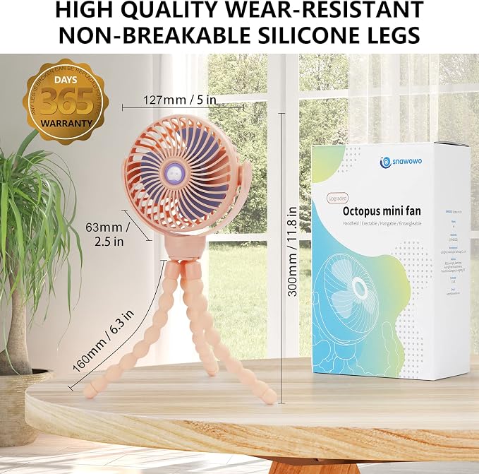 snawowo Mini Portable Baby Stroller Fan, Battery Operated Clip on Fan | Rechargeable 360° Rotate Flexible Tripod Handheld Cooling for Car Seat Crib Treadmill Travel pink - Image 6
