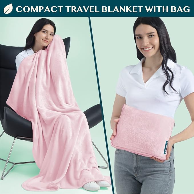PAVILIA Travel Blanket Pillow, Soft Airplane Blanket 2-in-1 Combo Set, Plane Blanket Compact Packable, Flight Essentials Car Pillow, Travelers Gifts Accessories, Luggage Backpack Strap, 60x43 Pink - Image 2