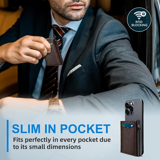Wallet for Men,with Cash Pocket 2 ID Window 9-13 Cards,Metal Case Smart Slim Pop Up Credit Card Holder Flip with Magnetic Closure RFID Blocking Trifold wallet with Gift Box - Image 6