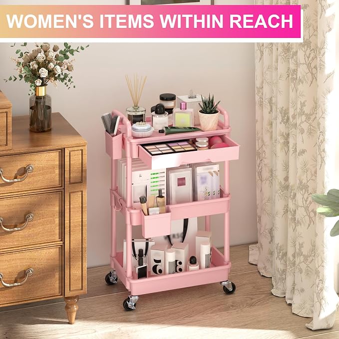 Goovilla 3 Tier Rolling Utility Cart Organizer with Removable Drawer, Pink | Stable and Sturdy Rolling Storage Carts with 2 Lockable Wheels for Bathroom, Kitchen, Snack, Craft, Makeup, Baby Essentials - Image 5