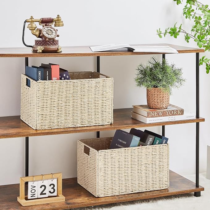 Wicker Storage Basket, Set of 2 Hand-Woven Paper Rope Wicker Basket, Small Storage Baskets for Organizing Toilet Paper Baskets, Foldable Large Cube Storage Organizer Bin for Shelves (Beige) - Image 3