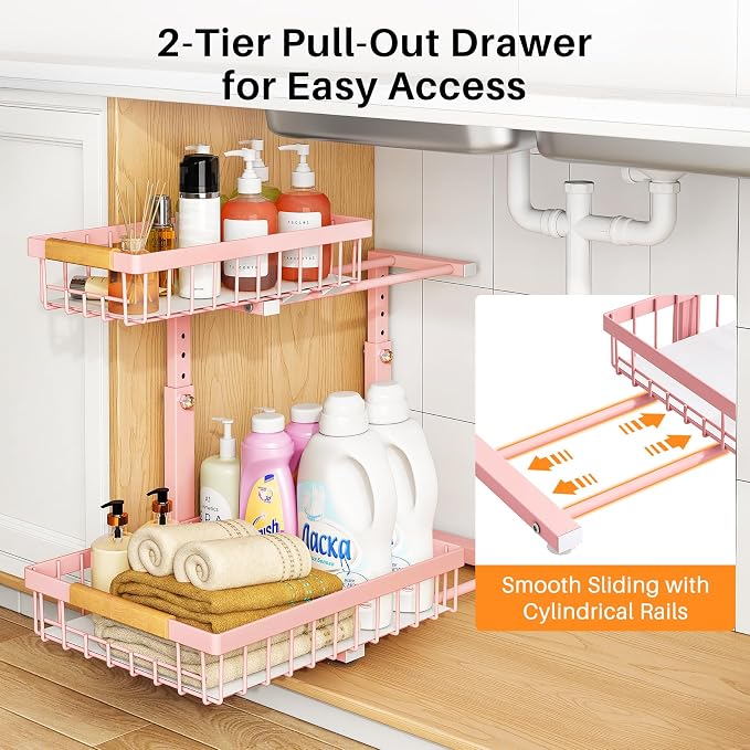 PXRACK Under Sink Organizer, Adjustable Height, 2 Tier Pull Out Under Cabinet Organizer, Slide Out Thickened Metal Under Sink Storage for Kitchen Bathroom Laundry Pantry Cabinet, Pink, Large-1-Pack - Image 4